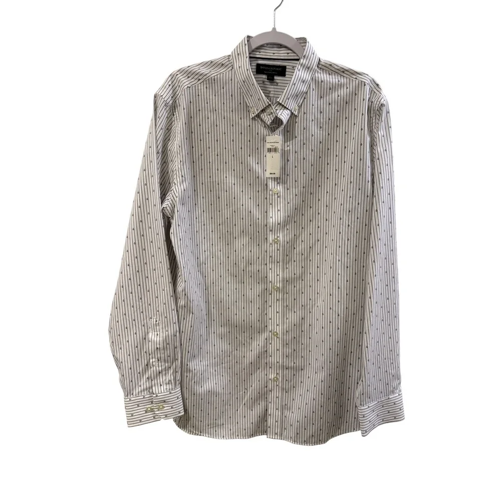 Banana Republic Mens Non-Iron Slim Fit Anchor Stripe Button Down Shirt White‎ L